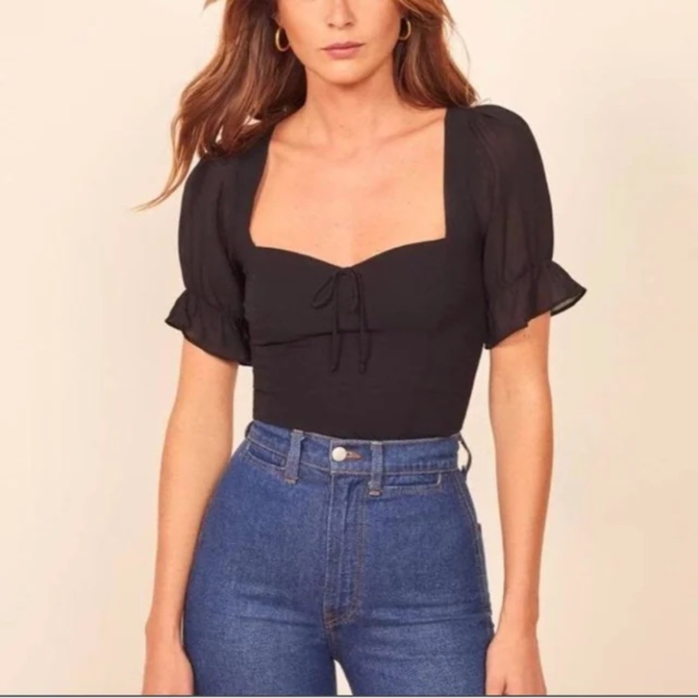 Reformation Delevan Black Puff Sleeve Women's Top